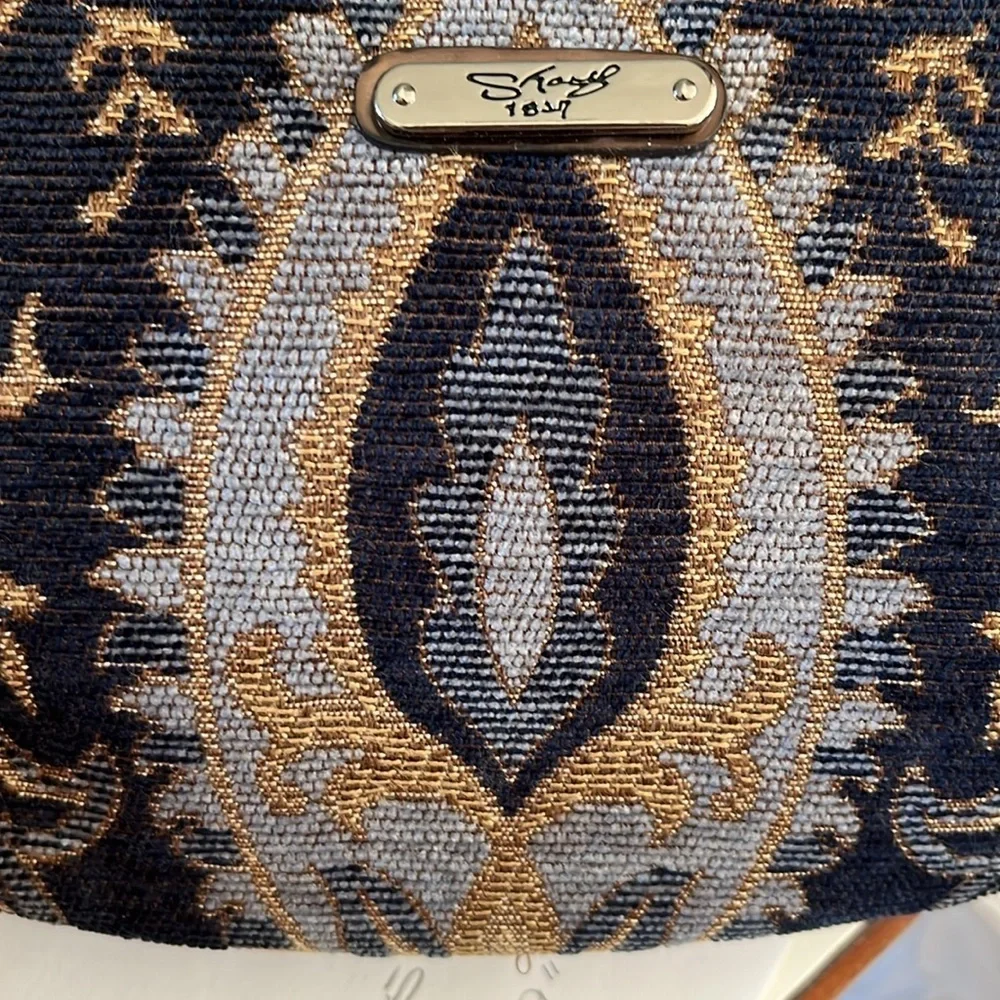 Sharif Tapestry Satchel navy/gold expanding bottom velvety gunmetal NWOT